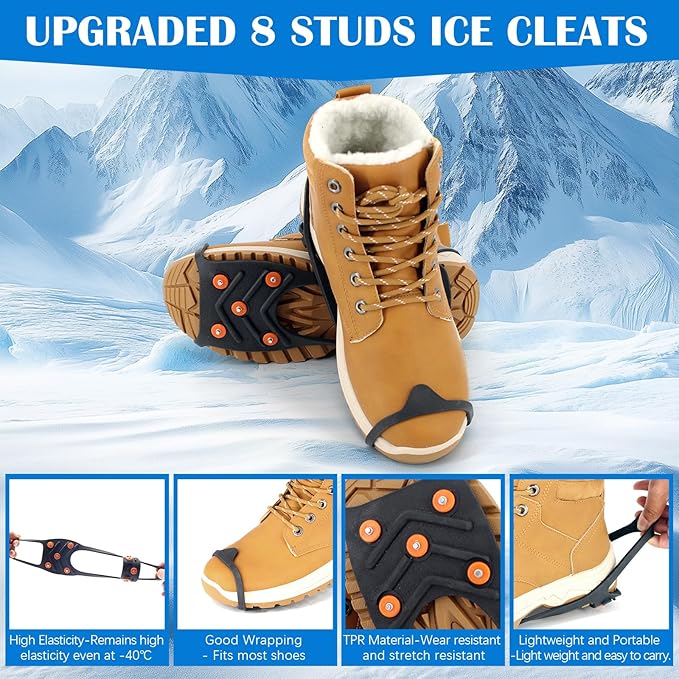 Gripper Spike Ice Traction Cleats, Non-Slip Ice Snow Grips 8 Steel Studs, Universal Ice Spikes Snow Grips Traction for Walking Climbing Hiking on Snow and Ice