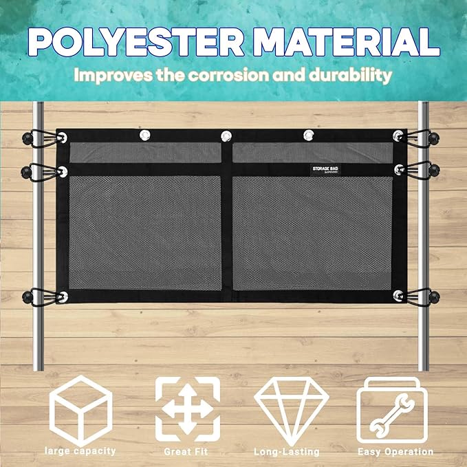 Boat Storage Bag,Polyester Boat Mesh Suspended Storage Bag,Black Boats Storage Mesh Pocket,Boat Seat Storage Bag for Leaning Post with 6 Positioning Elastic Loops. (32" L x 15" W (2 Pockets))