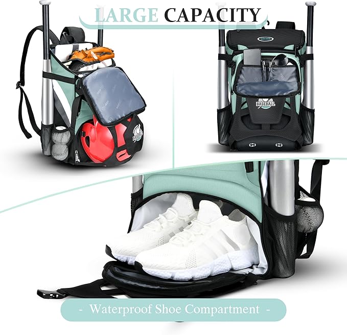 Baseball Backpack for Adult and Youth, Large Capacity Lightweight Softball Bag With Shoe Compartment and Fence Hook for TBall Bat & Equipment, Waterproof for Helmet, Gloves