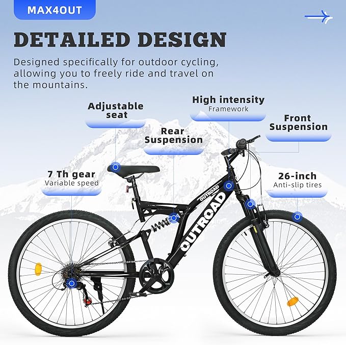 26 inch Mountain Bike, Outdoor Hybrid Bikes,7-Speed/High-Carbon Steel/Dual Full Suspension, for Men Women Adult, MTB Bicycle with Suspension Fork,Sleek Colors