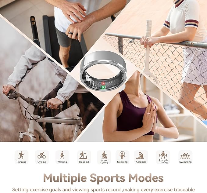 Health Smart Ring for Men Women, Fitness Tracker with Heart Rate/Blood Pressure/Blood Oxygen Monitor,Sleep Tracker,Pedometer, IP68 Waterproof Ring for iPhone&Android, No Subscription (Silver, Size9）