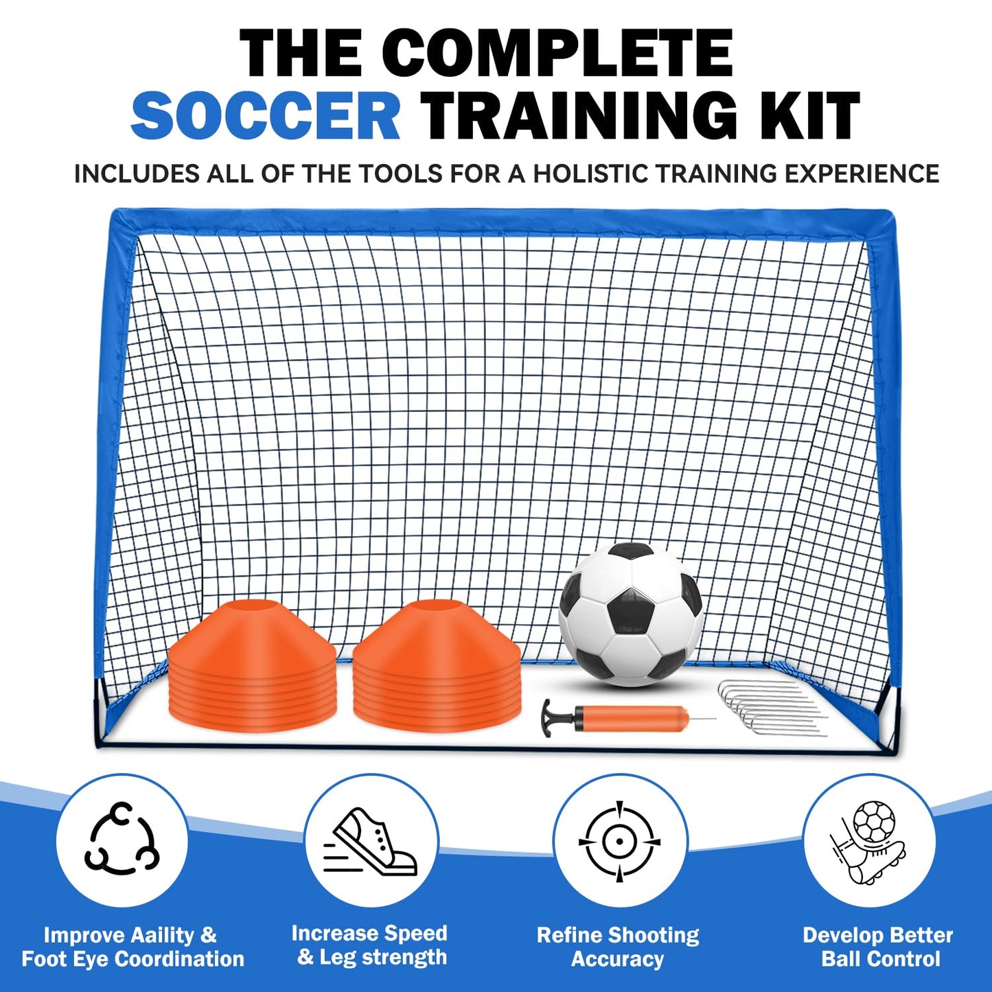 Fololicx Blue Soccer Goals for Backyard, 2 of 6x4ft Kids Soccer Net Training Equipment, Portable Pop Up Toddler Soccer Goal with Soccer Ball, Scoring Target Cloth, and Cones - Fun Youth Outdoor Games