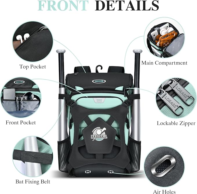 Baseball Backpack for Adult and Youth, Large Capacity Lightweight Softball Bag With Shoe Compartment and Fence Hook for TBall Bat & Equipment, Waterproof for Helmet, Gloves