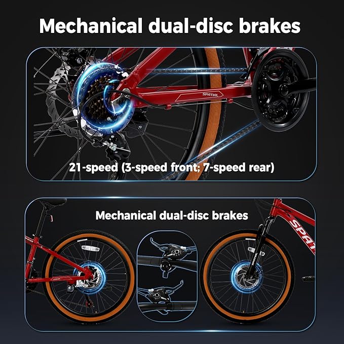 SPATIAL Mountain Bike, 24/26/27.5/29 inch Outdoor Cycling Bike,21/8 Speed Lightweight Aluminum Frame | Dual Disc Brakes,Adjustable Ergonomic Seat for Men Women Adult,MTB Bicycle