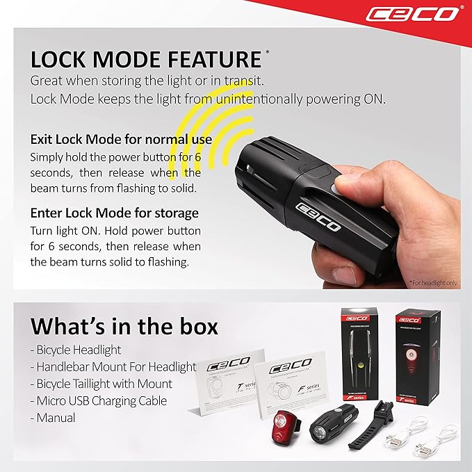 CECO-USA: 1,000 Lumen Headlight & 100 Lumen Tail Light Combo Pack for Cyclists who Want to See far & to be seen from afar. Brightest USB Rechargeable Bike Light Set Available for All Cyclists