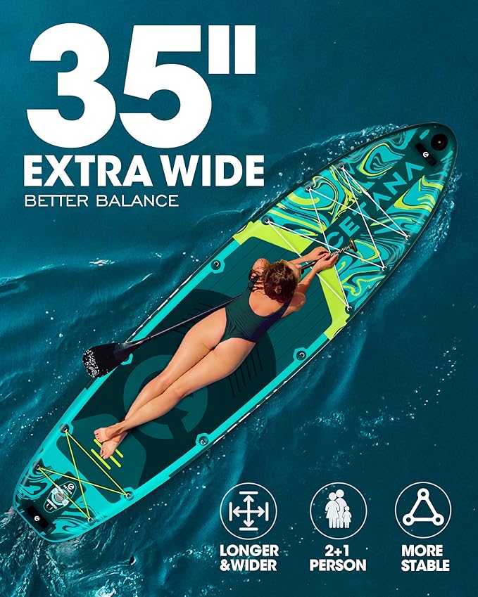 CETANA 11'6×35" Extra Wide Stand Up Paddle Board for Adults & Youth, 400lb Capacity Inflatable Paddle Board, Sup for 2+1 Person with Removable US Fin, 100L Backpack, Floating Paddle, Safety Leash