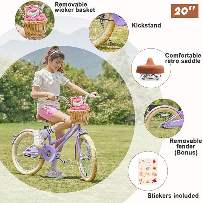 Glerc Little Molly 12-20 Inch Kids Retro Cruiser Bike for 2-13 Year Old with Wicker Basket & Training Wheels/Kickstand, Multiple Colors