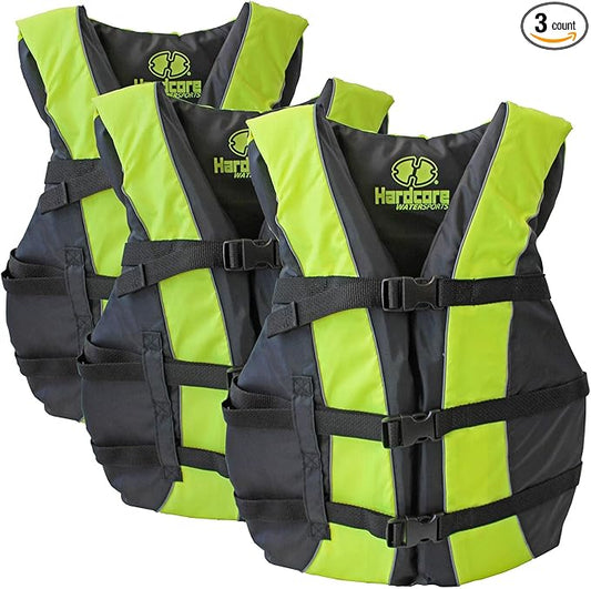 Hardcore Life Jacket 3 Pack Paddle Vest for Adults; Coast Guard Approved Type III PFD Life Vest Flotation Device; Jet ski, Wakeboard, Kayak; Ideal Extra Pontoon Boat Life Jacket