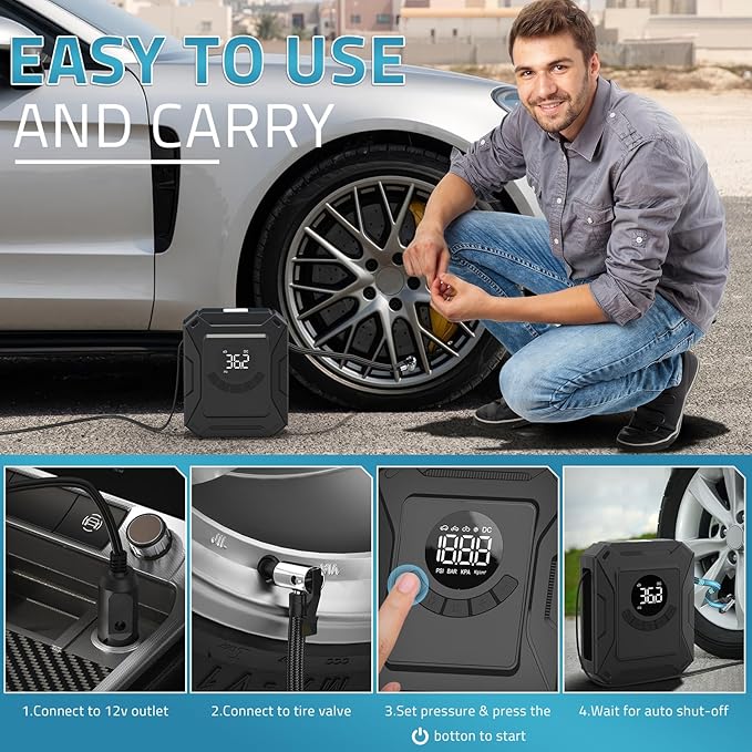 PAULINN Tire Inflator Air Compressor 12V DC Portable Air Pump 150 PSI for Car Tires, Auto Tire Pump with Digital Pressure Gauge, Auto Shutoff & LED Light for Cars, Motorcycles, Bikes & Balls, Black
