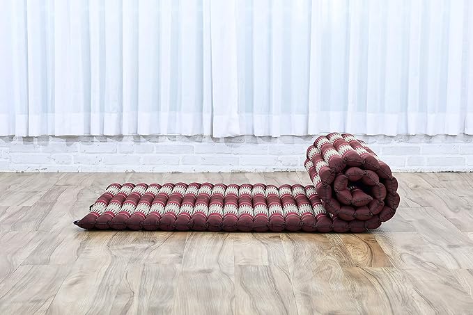 Leewadee - Foldable Floor Mattress - Japanese Roll Up Futon -Trifold Tatami Mat- Guest Floor Bed - Camping Mattress - Thai Massage Mat, Kapok Filled, 75 x 28 inches, Brown Red