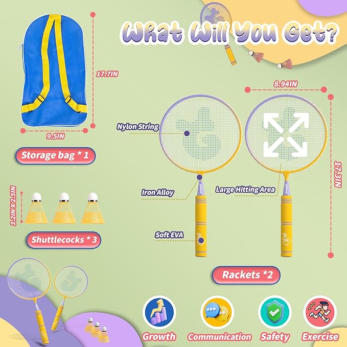 JOY SPOT! Kids Badminton Rackets Set with Soft Grip, Oversize & Lightweight Shuttlecocks Racquet with Carry Bag for Children Youth, 2 Player Sport Game for Indoor Outdoor Backyard