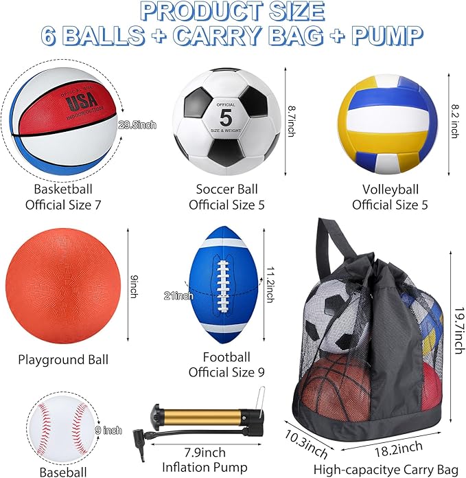 Libima 6 Pcs Multi Sport Ball Set Official Size Football, Basketball, Soccer, Volleyball, Playground Ball, Baseball with Sports Equipment Bag Pump for Teen Adult Back to School