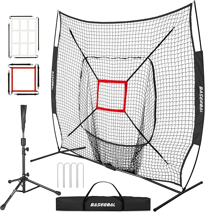 7'×7' Baseball Softball Practice Net,Baseball Backstop,with Batting Tee,for Hitting Pitching Batting Catching with Bow Frame,Bonus Strike Zone