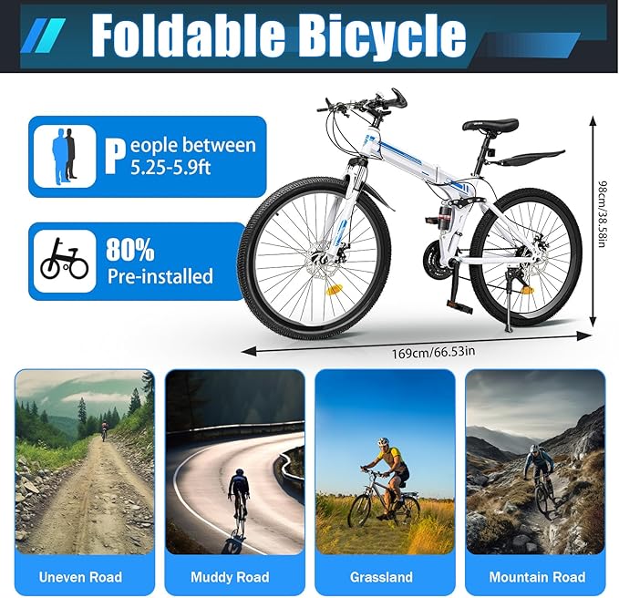 DHBREK Adult Folding Bikes 26'' Mountain Bikes 21 Speeds Mountain Bicycles Mountain Bike for Adults with Dual Disc Brake/High-Carbon Steel Folding Bicycle for Women Men Adults