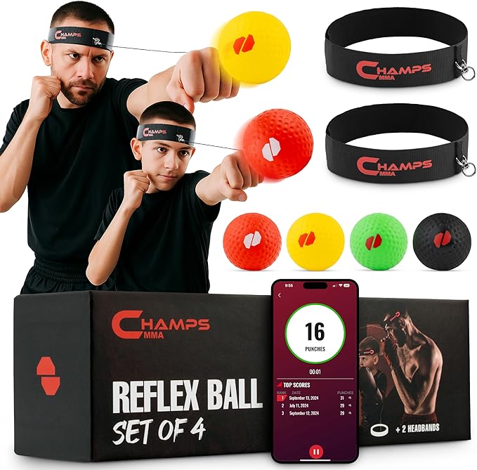 Boxing Reflex Ball Set with Punch Counter App– 4 Box Balls with Varying Weights, 2 Headband and 4 Spare Strings to Improve Speed, Hand-Eye Coordination for Men, Kids Boxing Equipment MMA Gear Gift