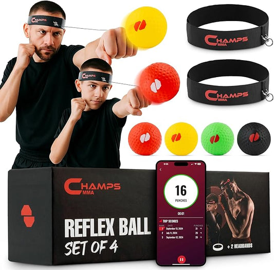 Boxing Reflex Ball Set with Punch Counter App– 4 Box Balls with Varying Weights, 2 Headband and 4 Spare Strings to Improve Speed, Hand-Eye Coordination for Men, Kids Boxing Equipment MMA Gear Gift