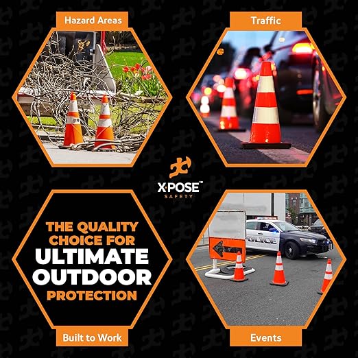 Xpose Safety 28 Inch Orange Traffic Cones with 6" & 4" Collars, 24-Pack - Multipurpose PVC Plastic Safety Cone for Parking, Soccer, Caution, Kids and Construction - DOT Approved