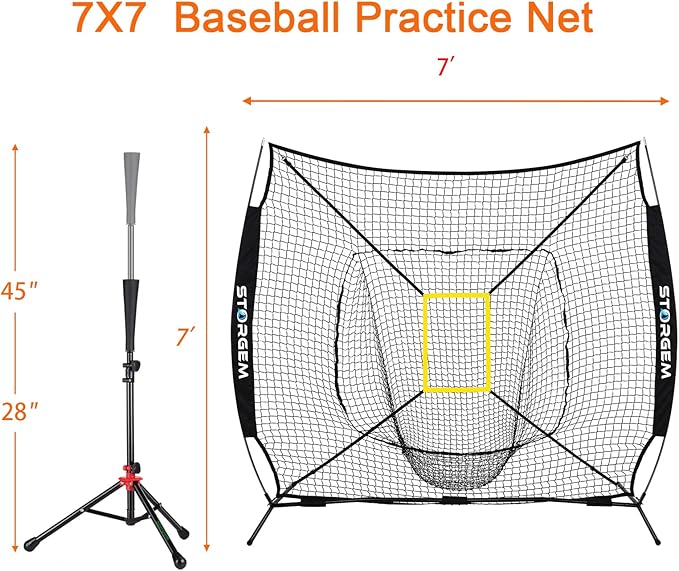 Storgem Baseball and Softball Practice Net 7×7ft Portable Hitting Pitching Batting Training Net Baseball Backstop Net with Batting Tee and Strike Zone and Bow Frame