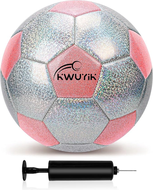 Soccer Ball Size 3 4 5 Glitter Pink Purple Silver with Pump Toddler Soccer Ball for Kids Aged 3-6 6-8 8-12 Outdoor Training Ball for Girls Boys Children Youth Teens