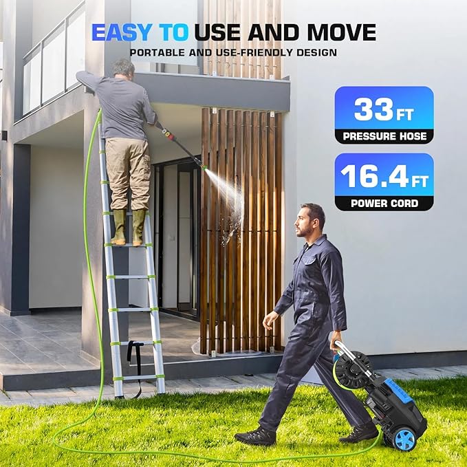 4800 PSI Pressure Cleaner- 4.0 GPM High Power Cleaner with 33FT Hose Reel, 4 Spray Tips and Soap Bottle for Car Washing, Fence Cleaning, Patio Maintenance（Upgraded）(Light Blue)