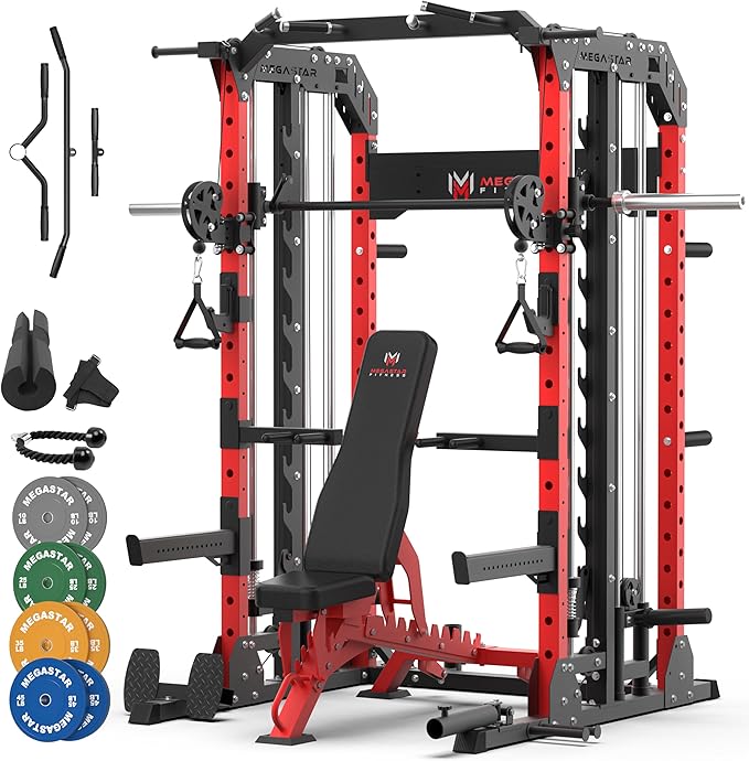 Smith Machine Home Gym with Aluminum Pulley Set- 2000lbs Capacity All-in-One Power Rack with Cable Crossover, Pull-Up Bar & Dip Station, Includes 18 Attachments, P107 Anvil