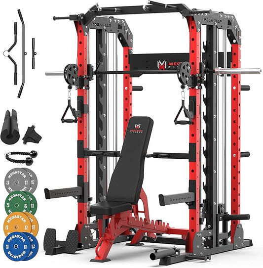 Smith Machine Home Gym with Aluminum Pulley Set- 2000lbs Capacity All-in-One Power Rack with Cable Crossover, Pull-Up Bar & Dip Station, Includes 18 Attachments, P107 Anvil