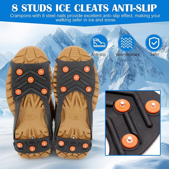 Gripper Spike Ice Traction Cleats, Non-Slip Ice Snow Grips 8 Steel Studs, Universal Ice Spikes Snow Grips Traction for Walking Climbing Hiking on Snow and Ice