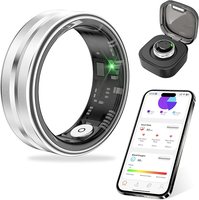 Thin Smart Ring for Fitness & Health Tracking -Pedometer,Sleep/Heart Rate/Blood Oxygen Monitor, Gesture Control / 5ATM Waterproof -No APP Subscription Compatible with Android& iOS (Silver, 11)