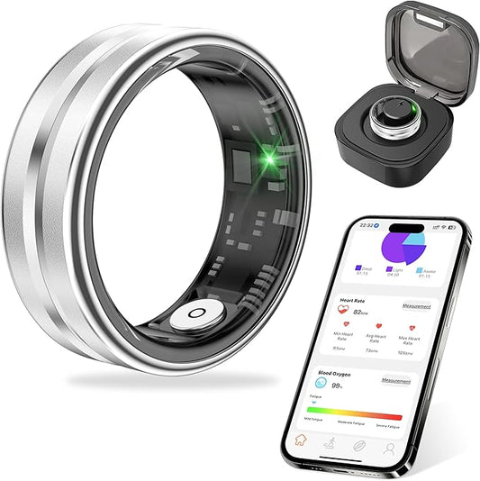 Thin Smart Ring for Fitness & Health Tracking -Pedometer,Sleep/Heart Rate/Blood Oxygen Monitor, Gesture Control / 5ATM Waterproof -No APP Subscription Compatible with Android& iOS (Silver, 11)