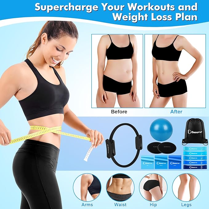 Pilates Ring Set Exercise Equipment with Exercise Bands Resistance Bands Set, Pilates Ball, Sliding Disks – Workout Equipment Home Gym Includes Complete Fitness Poster