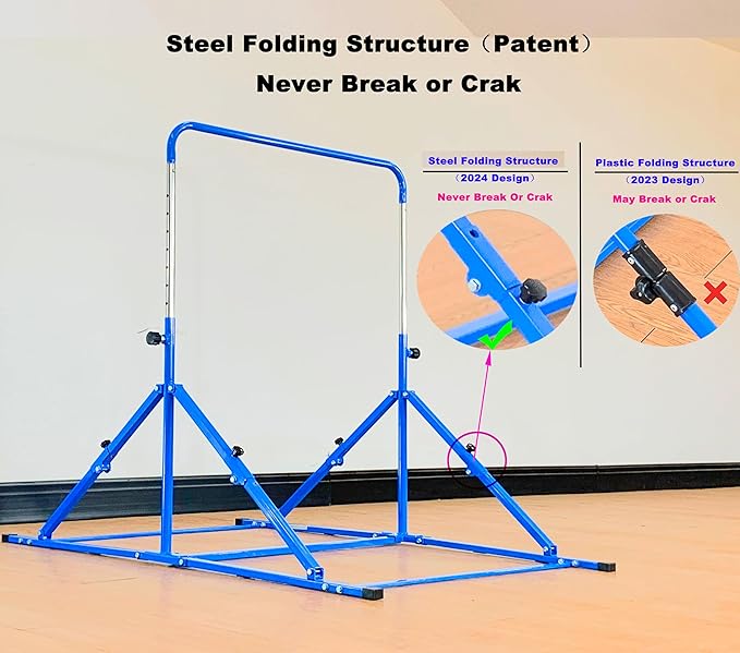 MARFULA Foldable Gymnastic Bar for Kids Ages 3-12, 9 Height Levels, 200 lbs Weight Capacity, 5 Ft Length Gymnastic Kip Bar with Mat, Gymnastic Equipment for Home and Gym Center Indoor Outdoor Use