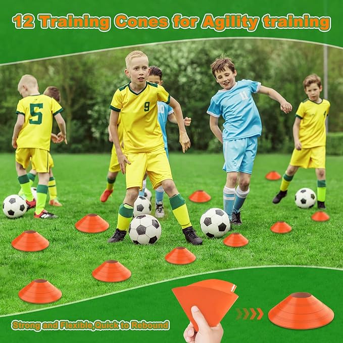 Collapsible Soccer Goal, 12×6 ft /6×4 ft Portable Soccer Goal Net for Backyard, Quick Setup Soccer Goals with 1 Carry Bag, 1 Agility Ladder, 4 Ground Nails,12 Training Cones