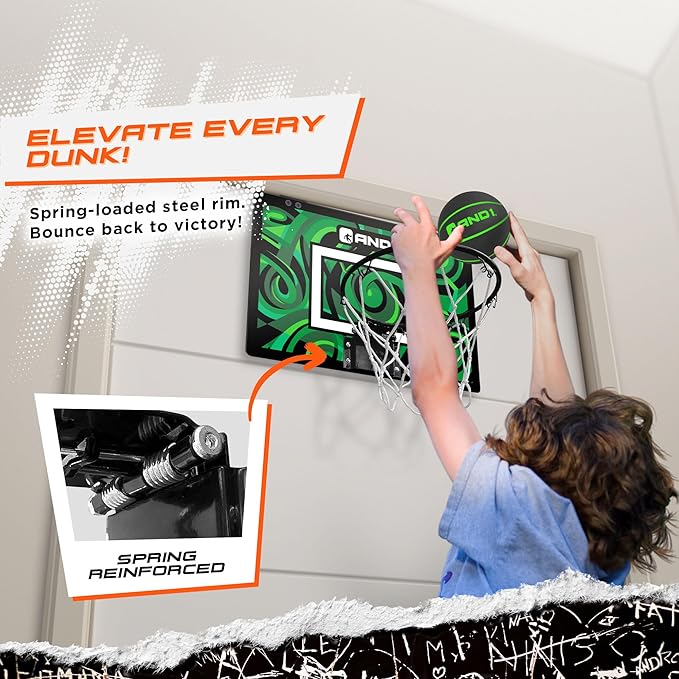 AND1 Over the Door Mini Basketball Hoop: 18x12 Shatterproof Backboard, 2 Mini Basketballs, and Hand Pump Included- Ultimate Indoor Basketball Accessory for Kids and Adults, No Tools Required