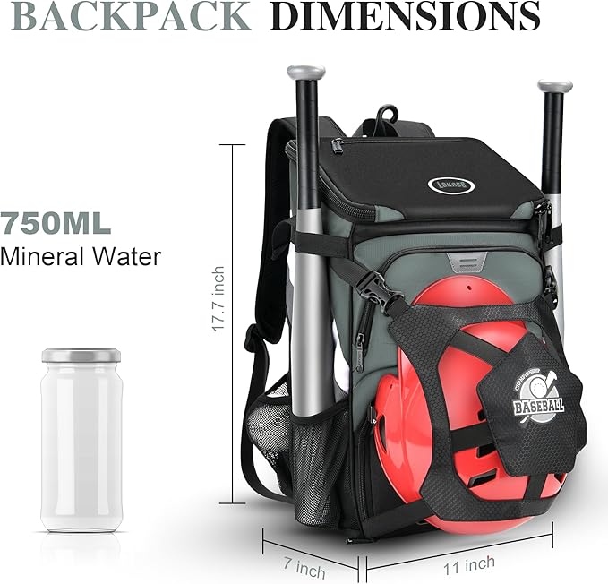 Baseball Backpack for Adult and Youth, Large Capacity Lightweight Softball Bag With Shoe Compartment and Fence Hook for TBall Bat & Equipment, Waterproof for Helmet, Gloves