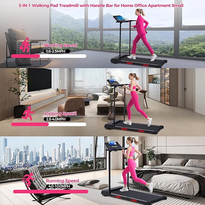 Portable Walking Pad Treadmill with Handle Bar, Foldable Folding Walking Pads Treadmills for Home with Handles