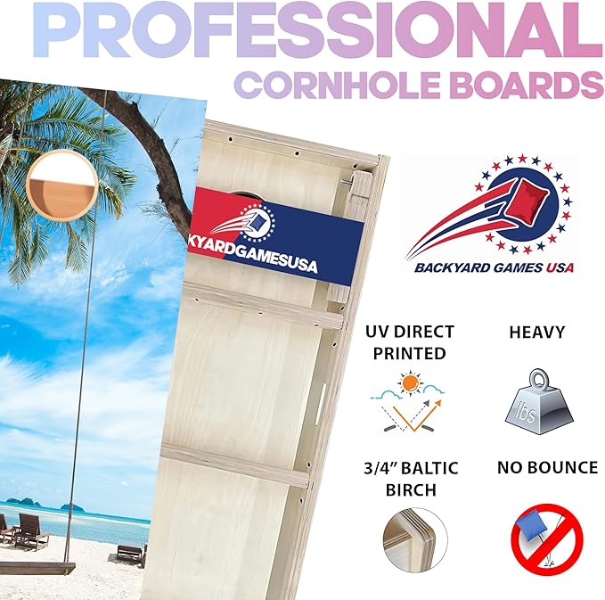 CornholeGamesUSA Pro Cornhole Boards Set | Made in USA | 3/4 Baltic Birch | No Bounce | Triple Thick Legs | Two Brace & Handles, Tournament 2x4 Regulation Set with Score Tower & Cornhole Bags