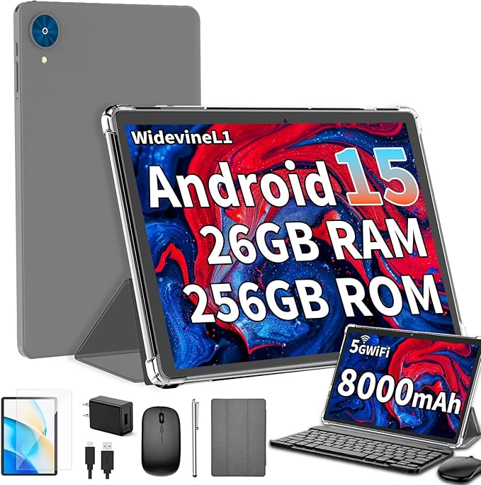 Android 15 Tablet with Keyboard, 26GB+256GB(2TB Expand), 10.1 Inch Tablet 8000 mAh Battery, BT 5.0, 5G WiFi, Widevine L1, Dual Camera, 2 in 1 Tab with Mouse, Case, Stylus（Silver Case）