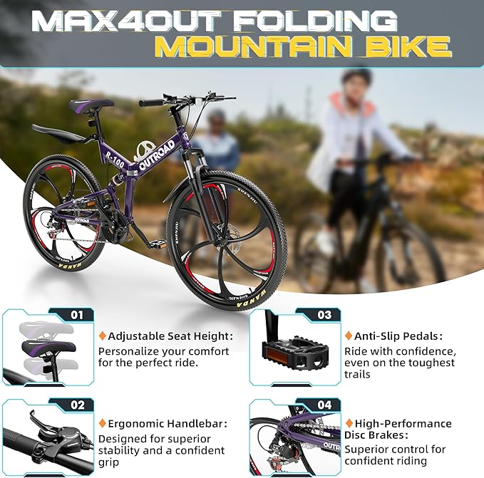 26 Inch Folding Mountain Bike with High Carbon Steel, 21 Speed City Bike with Dual Suspension, Folding Bicycle for Adults Men and Women