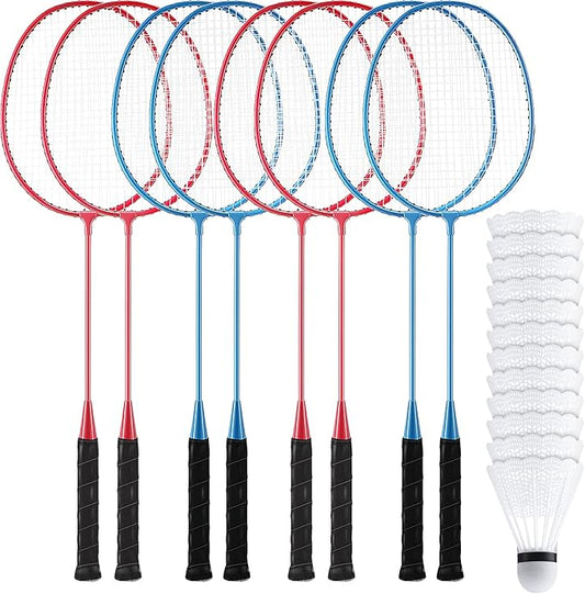 Woanger 8 Packs Badminton Rackets Set with 12 Badminton Racquets for Adult Backyard Gym Beach Outdoor Games