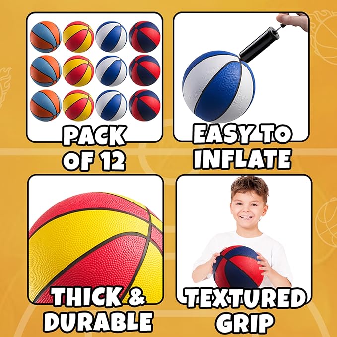 Rubber Mini Basketballs 7 Inch, Size 3 (Pack of 4) - Pool Basketball for Kids in Assorted Colors Indoor & Outdoor, Boys & Girls, for Small Hoops, Game Prizes, Arcade Games, with Pump
