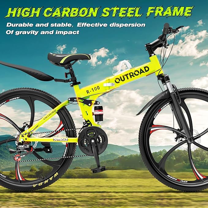 Betterland 26 Inch Folding Mountain Bike, 21 Speeds Full Suspension Foldable Bikes, Dual Disc Brake, High Carbon Steel Frame and Non-Slip Quick Release tire Bicycle for Adult