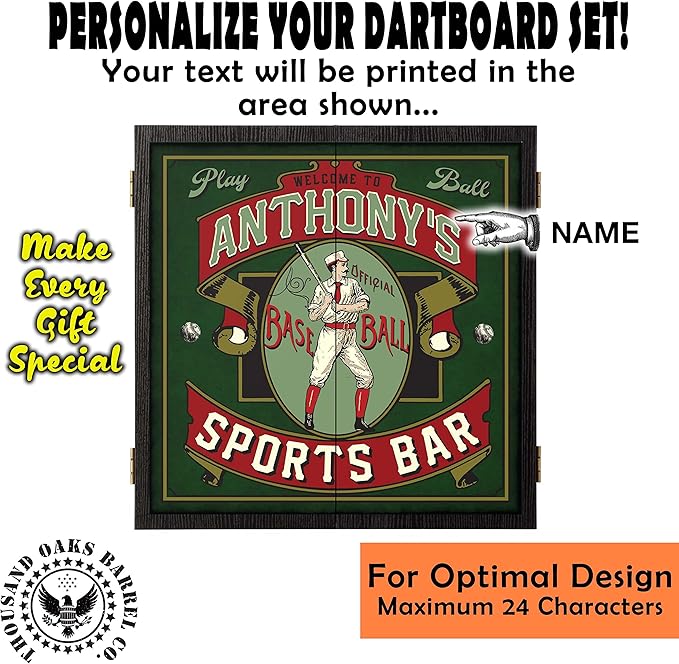 THOUSAND OAKS BARREL CO. | Personalized Dartboard & Cabinet Set with 6 Steel Tip Darts