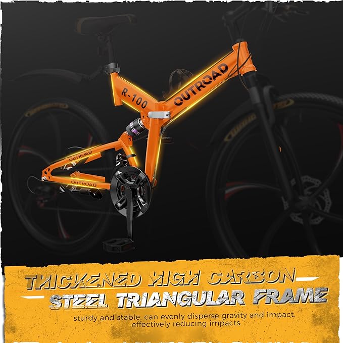 Outroad Folding Mountain Bike Foldable/Unfoldable Bike 26 Inch for Adult, 21-Speed Dual Suspension High-Carbon Steel MTB Foldable Bicycle, Dual Disc Brake Folding Bikes for Women and Men
