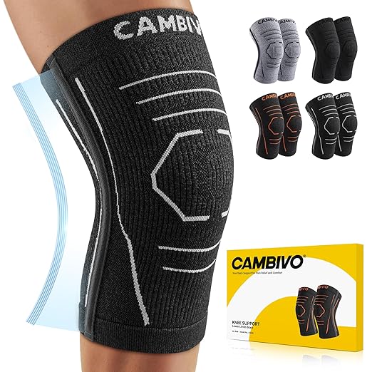 CAMBIVO Knee Brace for Women and Men with Side Stabilizer 2 Pack, Lightweight Knee Compression Sleeves for Knee Pain Relief, Knee Sleeves for Running, Workout and Daily Activities (Dark Gray, X-Large)