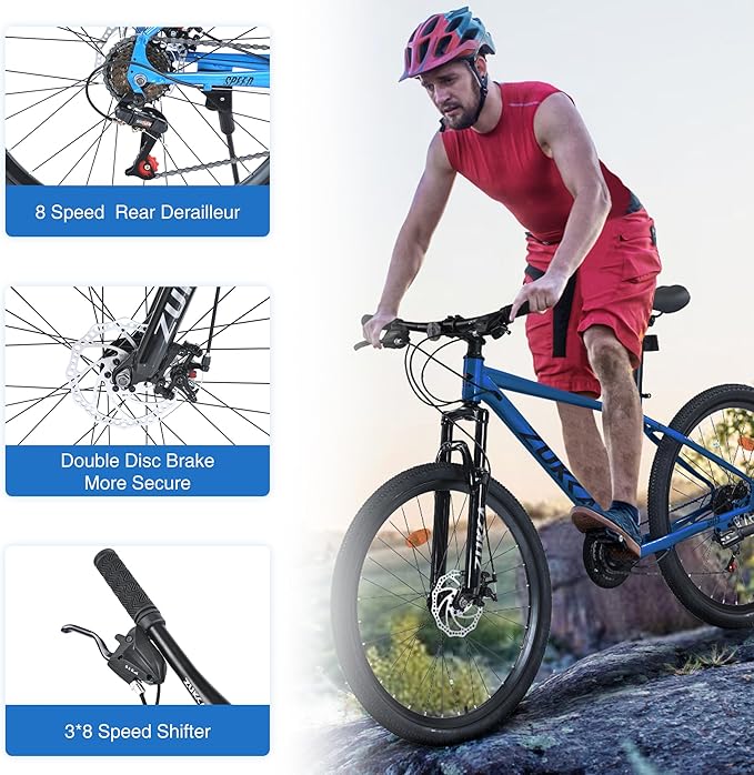 Mountain Bike 26 inch 24 Speed Dual Disc Brake MTB Front Suspension Fork Mountain Bicycle for Adult Men Women Outdoor Cycling