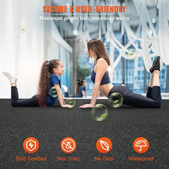 VEVOR 0.56 Inch Thick Gym Floor Mats, Rubber Top with EVA Foam, 25" x 25" Gym Flooring Workout Mats, Interlocking Puzzle Gym Mats for Gym, Home, Garage