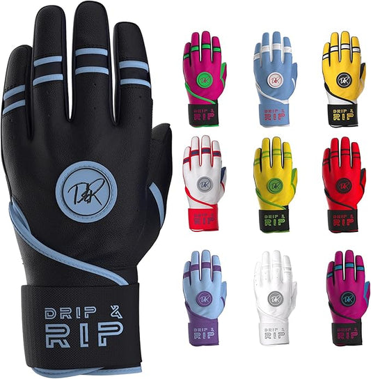 Drip & Rip Baller Series - Youth Batting Gloves + Adult Batting Gloves - for Softball and Baseball - Long Cuff Style for Men and Youth