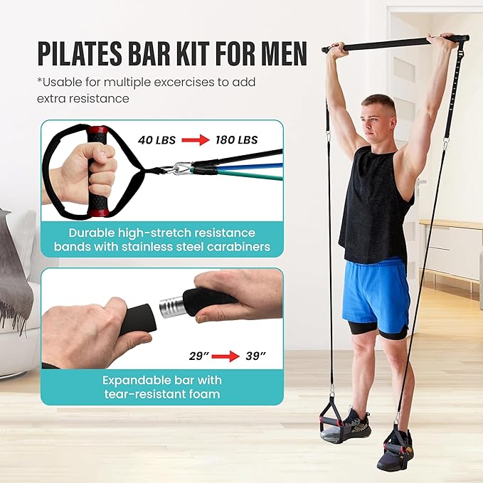 Upgraded Pilates Bar Kit – 39” Adjustable Exercise Equipment for Men, Women with 6X 20, 30, 40 lbs Resistance Bands with Adjustment Buckle – Pilates Equipment for Home Workouts for All Fitness Levels