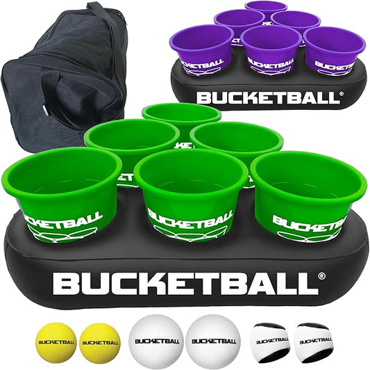 BucketBall | Team Color Edition | Party Pack (Green/Purple): Original Yard Pong Game: Best Camping, Beach, Lawn, Outdoor, Family, Adult, Tailgate, Jumbo, Giant Game