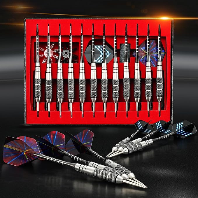 Darts Metal Tip Set Professional Metal Darts for Dartboard Steel Tip Darts with Nonslip Iron Barrel Aluminum Dart Shafts,Extra Flights,Dart Sharpener,Gift Box